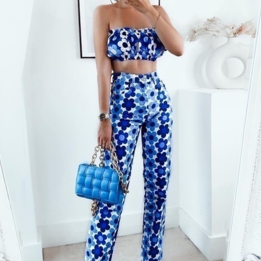 Zara Blue Floral Printed Crop Top and Straight Leg Denim Set